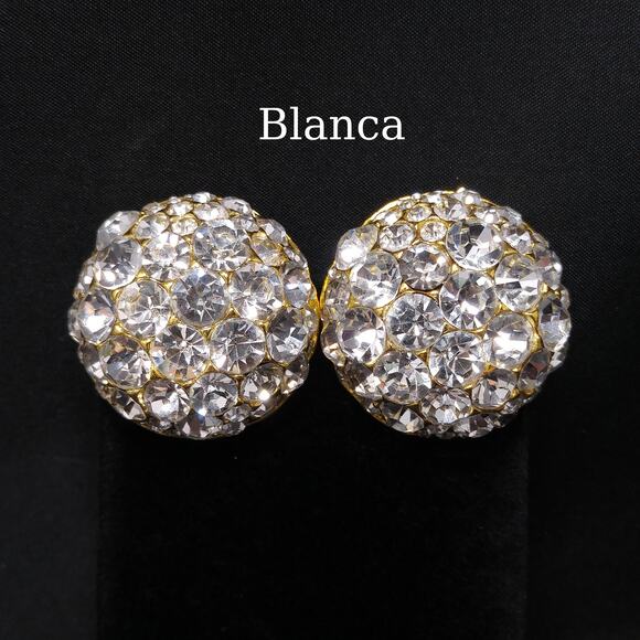 Blanca Earrings Dome Clip On Clear Rhinestone Gold Tone Signed 1980s Vintage - Picture 1 of 10
